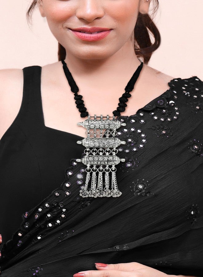 Siddhatva Ethnic Handamde Indian Afghani Gypsy Silver Oxidized Boho Ghungroo Choker Necklace Earrings Jewelry (Silver) - Image 3